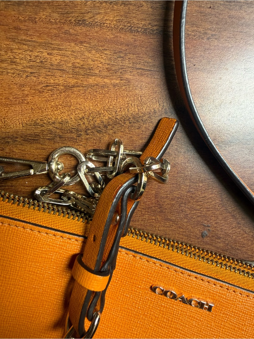 Coach Orange Leather Crossbody with Gold Chain Detail